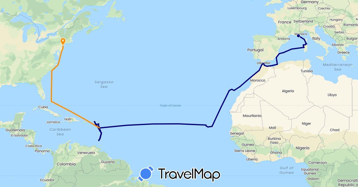 TravelMap itinerary: driving, train, hitchhiking in Antigua and Barbuda, Anguilla, Bahamas, Canada, Cape Verde, Dominica, Algeria, Spain, France, Grenada, Italy, Saint Kitts and Nevis, Saint Lucia, Morocco, Netherlands, Turks and Caicos Islands, United States, Saint Vincent and the Grenadines (Africa, Europe, North America)
